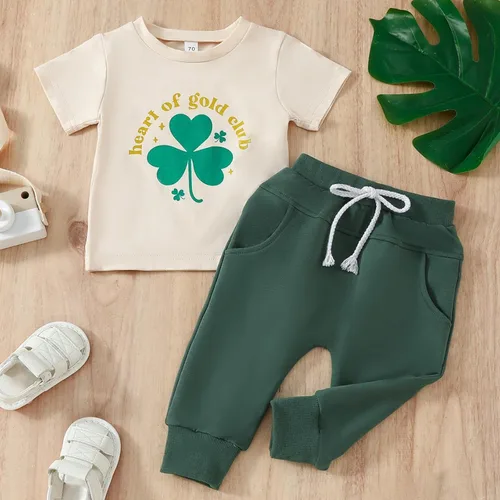 Vista 2 de HICItro Baby Girl Boy Clothes Four Leaf Clover Print Short Sleeve Pullover Sweatshirt Stretch Jogger Pant Spring Outfit