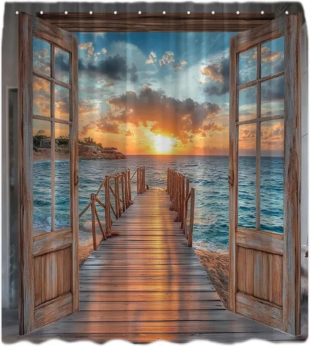 Vista 4 de Cortina de ducha con diseño de puesta de sol y playa, estilo rústico, color marrón, madera, ventana, tropical, isla hawaiana, puesta de sol