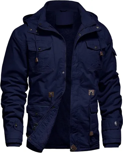 Vista 9 de Chaqueta de invierno para hombre, chaqueta militar, chaqueta tipo cargo con forro polar, chaqueta cálida con capucha desmontable, chaqueta