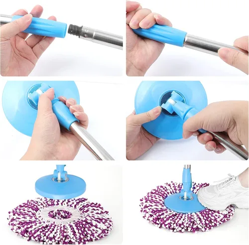Vista 4 de Spin Mop Pole Handle Replacement 360 Spinning Cleaning Scraper para fregona de piso Cubo sin pedal versión azul