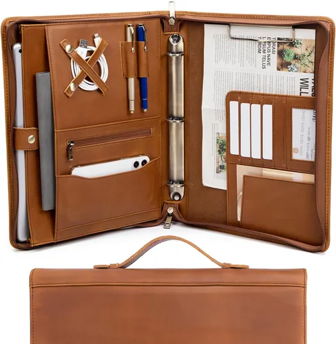 Vista 19 de Carpeta de 3 anillos de cuero vegano con portapapeles, mango oculto, 8.5 x 11 pulgadas con cremallera, organizador de negocios, folio ejecutivo Negro