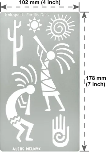 Vista 4 de Aleks Melnyk No.434 Plantilla de metal, deidad de fertilidad Kokopelli, diseños de petroglifos, plantilla pequeña, 1 unidad, plantilla para leña