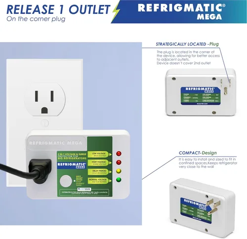 Vista 3 de Refrigmatic MEGA, protector electrónico de voltaje y sobretensiones 2 en 1 para refrigeradores de dos puertas de 27 pies cúbicos o más - 1005J
