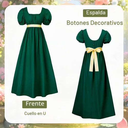 Vista 3 de Vestido de regencia para mujer, cuello cuadrado, manga abombada Verde oscuro