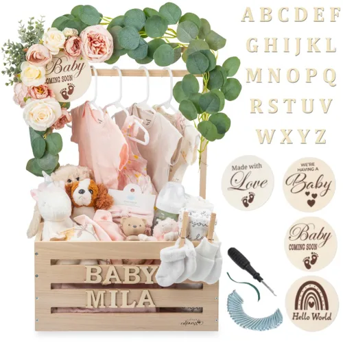 Vista 9 de Armario de madera para baby shower con parte delantera de acrílico transparente, caja de madera personalizable con sistema de doble varilla, cestas