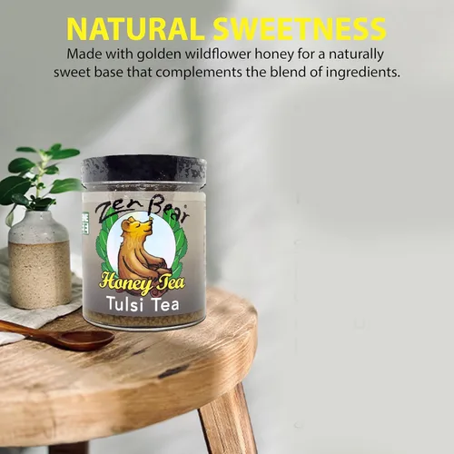 Vista 3 de Zen Bear Tulsi Tea – Mezcla de hojas de albahaca sagrada orgánica y miel pura – Té de hierbas para aliviar el estrés para relajación y bienestar