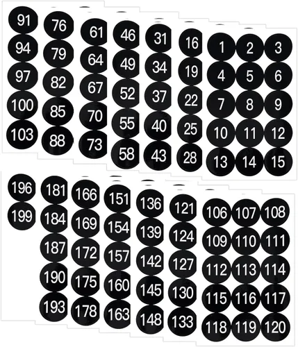 Vista 10 de 12 hojas de 1 a 200 calcomanías de vinilo con números consecutivos, 3 juegos de etiquetas autoadhesivas impermeables de 1 pulgada, calcomanías