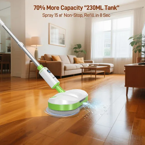 Vista 7 de AlfaBot Trapeador eléctrico inalámbrico, limpiador eléctrico de piso con faro LED y rociador de agua, hasta 60 minutos, autopropulsado con gran