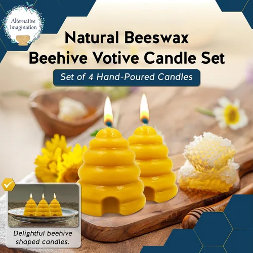 Vista 2 de Alternative Imagination Beehive - Velas votivas – Paquete de 4 velas de cera de abeja pura vertidas a mano con mechas de algodón – Sin perfume,