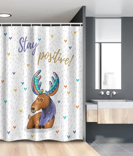 Vista 6 de Ambesonne Moose Stall - Cortina de ducha con texto "Stay Positive Deer", diseño de ciervos bohemio, multicolor