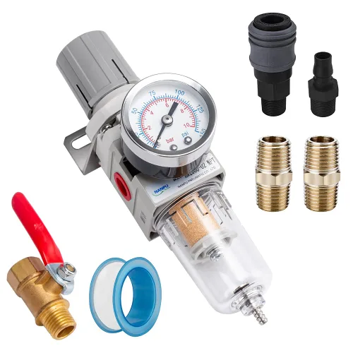Vista 8 de 1" NPT Filtro de aire comprimido regulador combinado tipo piggyback, elemento de latón de 5 micrones, cuenco de policarbonato, desagüe