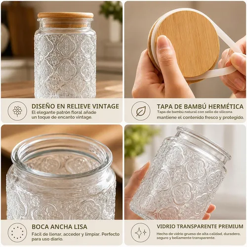 Vista 7 de Custde Tarros de almacenamiento de vidrio con tapa hermética, recipiente de 35 onzas para encimera de cocina con tapa de bambú, azúcar morena