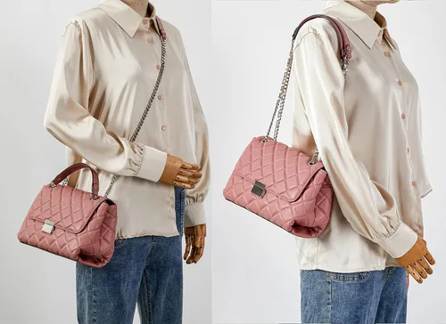 Vista 2 de DORIS&JACKY Bolso acolchado para mujer, de piel auténtica, con correa de cadena de metal y cierre de solapa