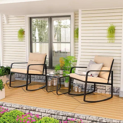 Vista 8 de Gizoon, Juego de 3 piezas de sillas mecedoras estilo bistró, muebles de patio de acero negro, juego de sillas para el porche con mesa de café