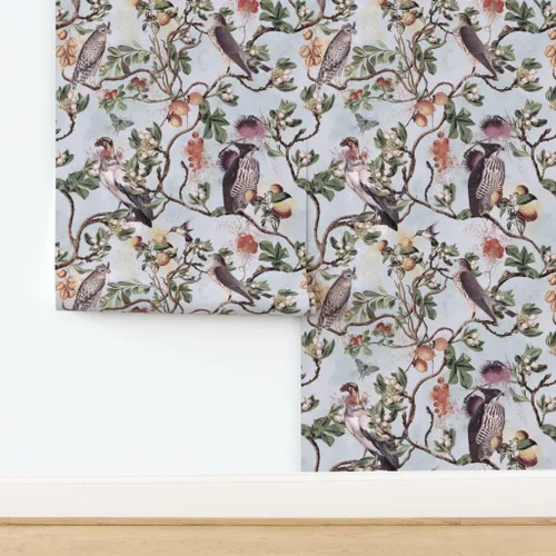 Vista 4 de Muestro de papel tapiz removible – Vintage Birds Acuarela Chinoiserie Antiqued of Prey Blue Green Gray Botánico Personalizado Papel pintado