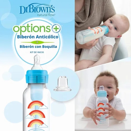 Vista 2 de Kit de iniciación de vasito anti-cólico Dr. Brown's Options+ estrecho, 8 onzas/250mL, con tetina de flujo medio-rápido Nivel 3 y boquilla de sorber