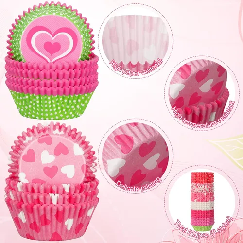 Vista 6 de 600 forros para cupcakes para el día de San Valentín, moldes de papel para hornear, papel para manualidades, con patrón de corazón, vasos