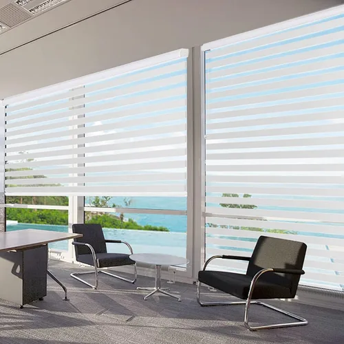 Vista 7 de Joydeco - Persianas de cebra sin cables para ventanas, persianas de doble capa con parada libre, control de luz y privacidad para día y noche