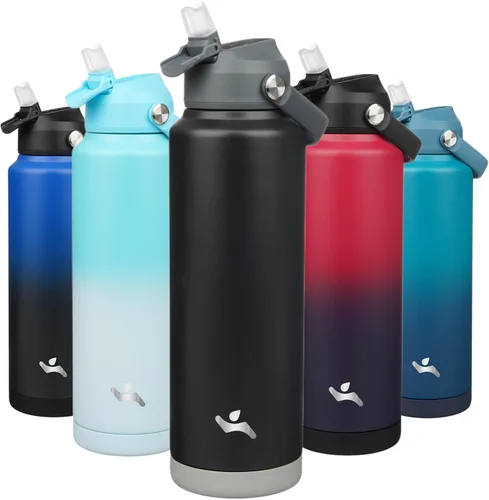 Vista 9 de Konokyo Botella de agua aislada con tapa de pajilla, botella de metal al vacío de acero inoxidable de 18 onzas con mango de silicona, color negro