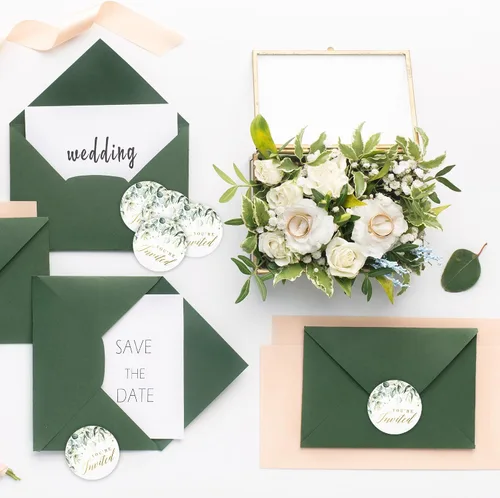 Vista 7 de Mobiusea Creation Greenery - Calcomanías de invitación de boda 1.4 pulgadas Lámina dorada 108 calcomanías impermeables para sobres