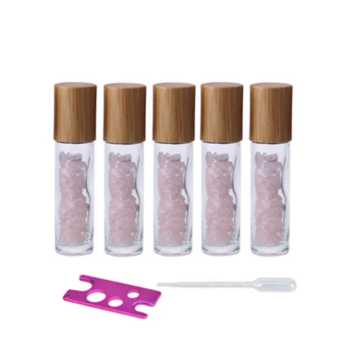 Vista 9 de Paquete de 5 botellas transparentes de 0.3 fl oz con chips de cristal de chakra naturales para aceites esenciales, botellas enrollables de vidrio