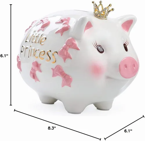 Vista 10 de Alcancía de cerámica, banco de monedas, caja de dinero de princesa corona para niña (rosa, 8.3 pulgadas de largo)