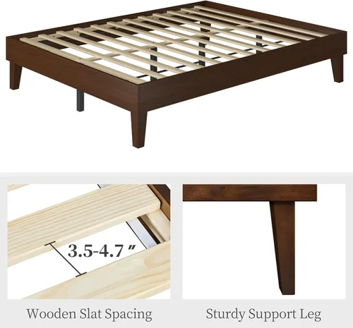 Vista 7 de Yaheetech Base de cama Queen con plataforma de madera maciza natural con soporte de listones de madera, espacio debajo de la cama de 7.3 pulgadas