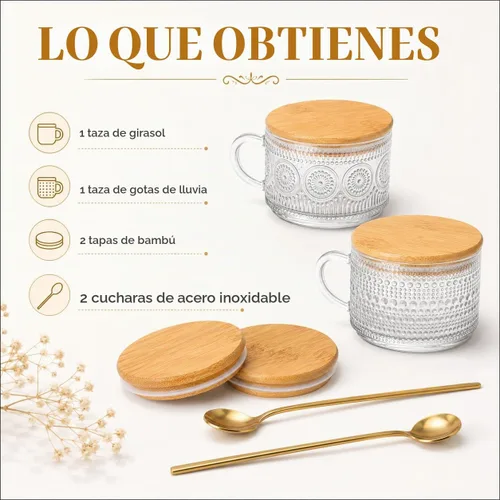 Vista 2 de Semderm Juego de 2 tazas de café de vidrio vintage, recipientes para avena nocturna con tapas de bambú y cucharas - Tazas de té transparentes de 14