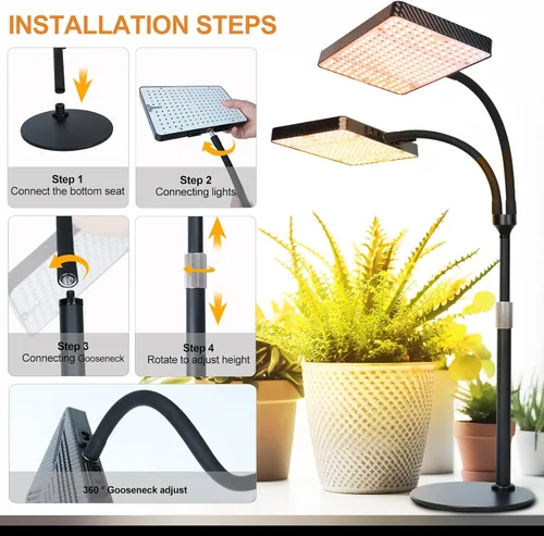 Vista 7 de FECiDA Luz de crecimiento de escritorio de 2 cabezales de 50 W, luces de cultivo de mesa para plantas de interior de espectro completo, temporizador