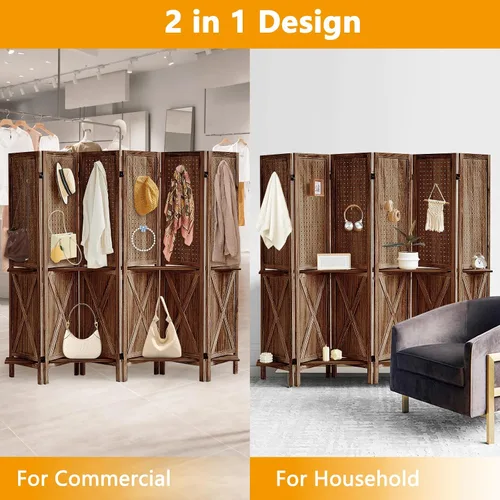 Vista 9 de Separador de ambientes con estantes de 6 paneles color marrón Pantalla de división independiente plegable para la privacidad del apartamento