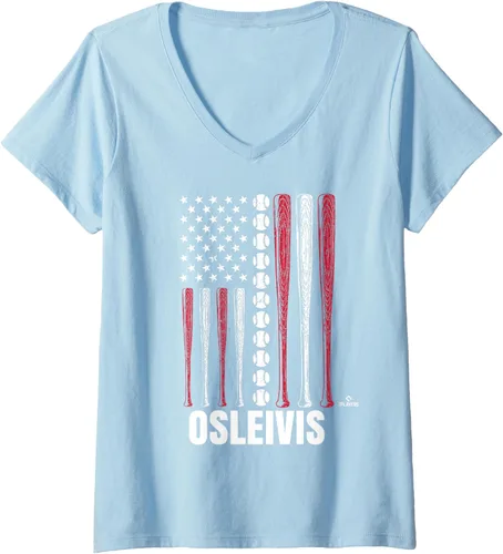 Vista 4 de Womens Baseball American Flag Osleivis Basabe Prospect Baseball Fan V-Neck T-Shirt