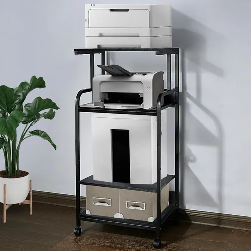 Vista 3 de Soporte de impresora de 4 niveles con ruedas, mesa de impresora multiusos, estante de almacenamiento de oficina y hogar, soporte de impresora Negro