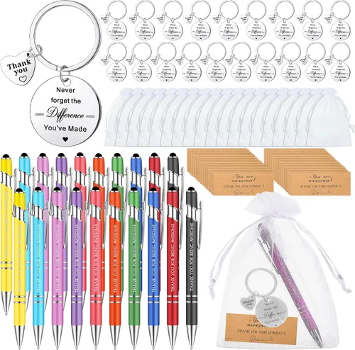 Vista 8 de Lincia Juego de 20 bolígrafos de regalo de agradecimiento, 20 bolígrafos inspiradores, 20 llaveros de acero inoxidable y 20 bolsas de organza, 20