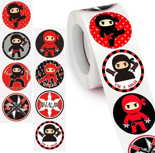 Vista 8 de Leinuosen 500 calcomanías de ninja para fiestas de ninja con temática de guerrero, rollo redondo de karate, calcomanías de vinilo para niños