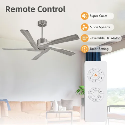 Vista 2 de WINGBO - Ventilador de techo de 54" de ABS con motor DC sin luz, ventilador de techo de 5 aspas con veta de madera de ABS con control remoto, motor