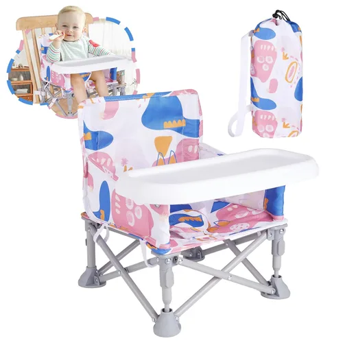 Vista 10 de Silla de bebé portátil, asiento elevador plegable con bandeja para mesa de comedor, silla de camping compacta para césped, playa, viajes, bebés de 6
