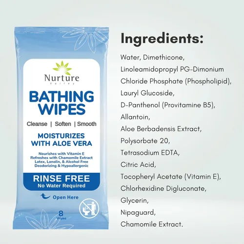 Vista 10 de Nurture XL Toallitas de baño sin enjuague para adultos con aloe Limpieza sin agua para pieles sensibles Toallitas húmedas desechables