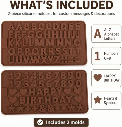 Vista 3 de Mini moldes de silicona para letras y números, paquete de 2 moldes de chocolate con letras A-Z, números del 0 a 9 y feliz cumpleaños, pequeños
