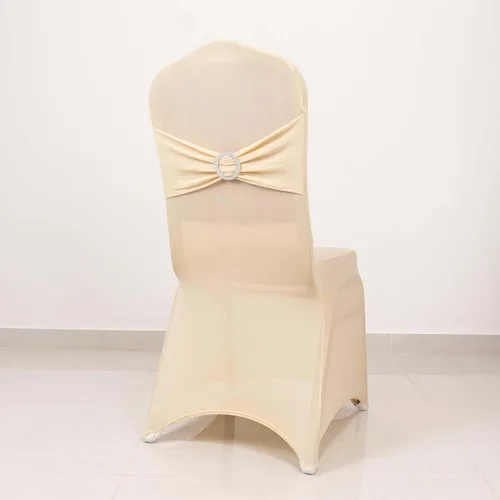 Vista 5 de Efavormart - Funda para silla de banquete de elastano beige con banda de hebilla de diamantes de imitación plateados, funda elástica para silla