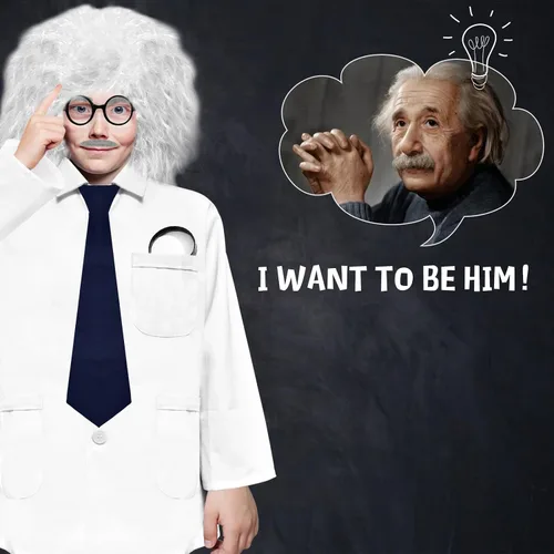 Vista 6 de Kids Mad Scientist Costume 9 Pcs Set With Wig 100th Day of School Old Man Albert Einstein Costume for 5-14 Years