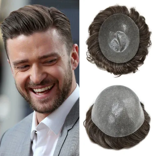 Vista 39 de Toupee para hombres Sistema de reemplazo de cabello humano PU piel fina V-looped Hair Piece Nature Hair System para hombre Toupee 6X8#1B Off Black