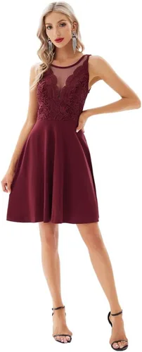 Vista 6 de GRACE KARIN - Vestido de fiesta acampanado de encaje sin mangas con escote en V profundo para mujer, fit & flare, XXL, Rojo vino (Backless-High)