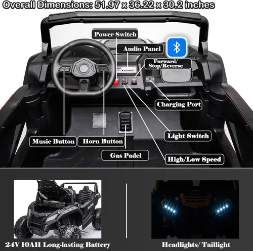 Vista 7 de NEWQIDA Juguetes de paseo XXXL de 24 V para niños grandes, UTV de 2 plazas con control remoto, 4WD todoterreno lado a lado, máximo 220 libras