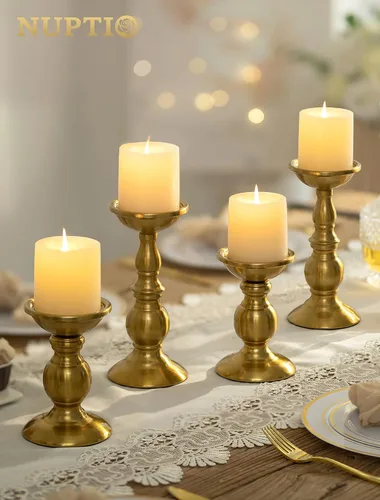 Vista 4 de NUPTIO Pillar Candle Holder Brass: Gold Tall Candles Stand for 3" Pillars Latón