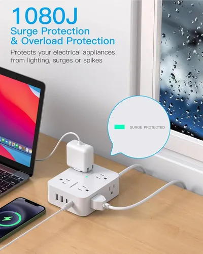 Vista 4 de Tiras de enchufes con protección contra sobretensiones - HANYCONY 8 salidas amplias con 4 puertos USB (2 USB C), extensor de enchufe de 3 lados