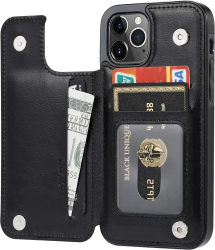 Vista 2 de Funda tipo cartera compatible con iPhone 12 Pro/12, funda protectora delgada con tarjetero, funda premium de cuero sintético con función atril