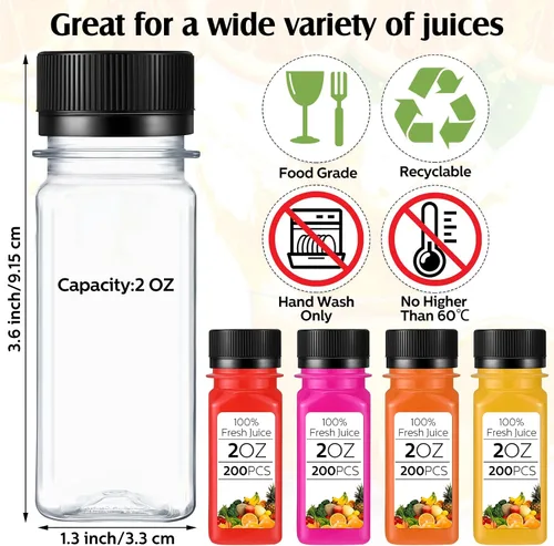 Vista 2 de Sliner 200 botellas pequeñas de plástico para jugo de 2 onzas, botella de jugo de jengibre con tapas, recipiente para bebidas transparentes
