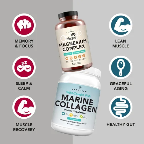 Vista 2 de AMANDEAN Complejo de magnesio premium y paquete de colágeno marino. Tronato de magnesio de alta absorción, glicinato y malato. Proteína de colágeno