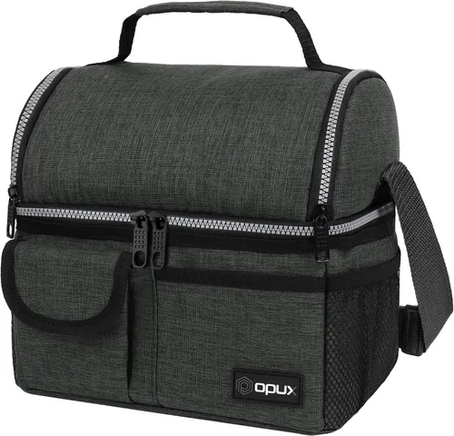 Vista 18 de Opux - Bolsa de almuerzo aislada de doble compartimento para hombres y mujeres Bolsa de almuerzo reutilizable con correa para el hombro, forro