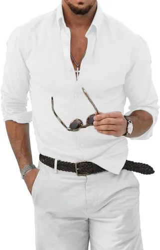 Vista 2 de Camisas de lino con botones para hombre, manga larga, para verano, playa, casual, ajuste regular